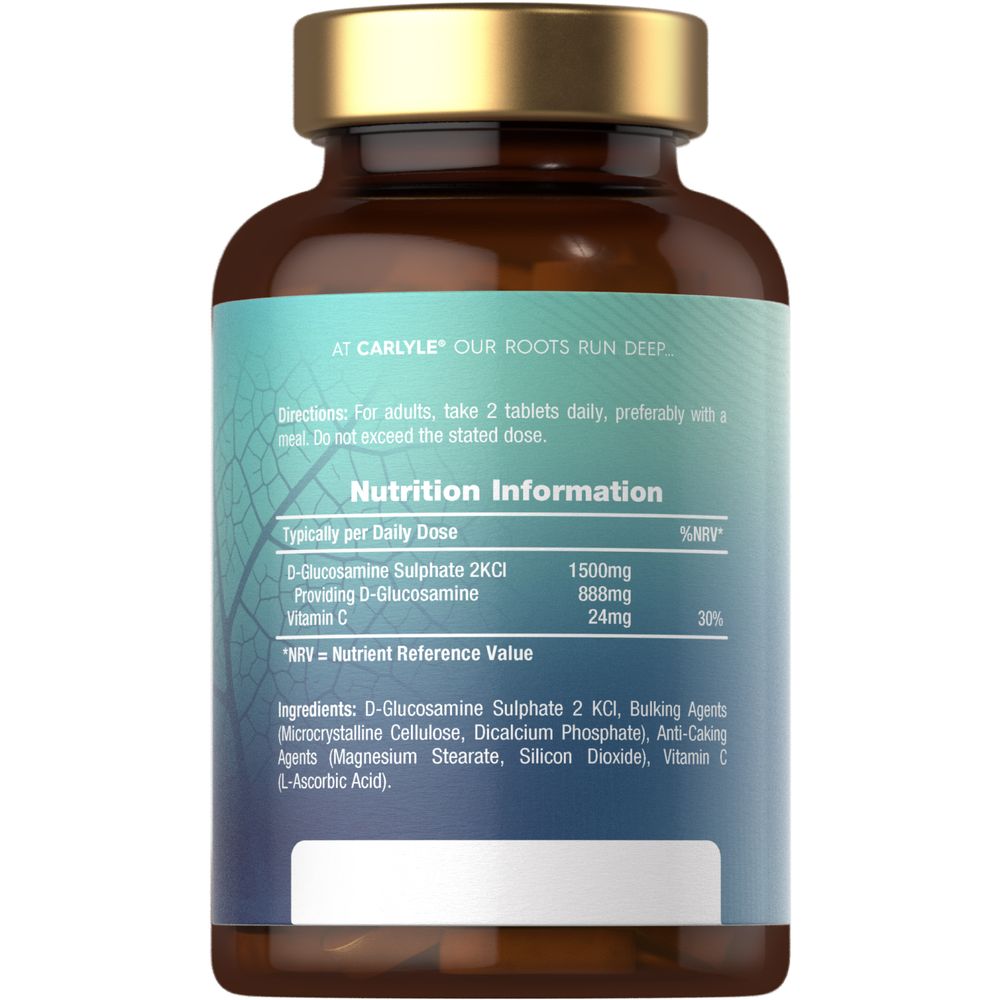 Vegan Glucosamine Sulphate tablets, providing 1500mg D-Glucosamine Sulphate 2KCI per two-tablet daily dose.