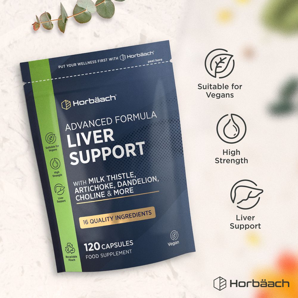 Horbäach Advanced Formula Liver Support pouch containing 120 capsules for enhanced liver care.