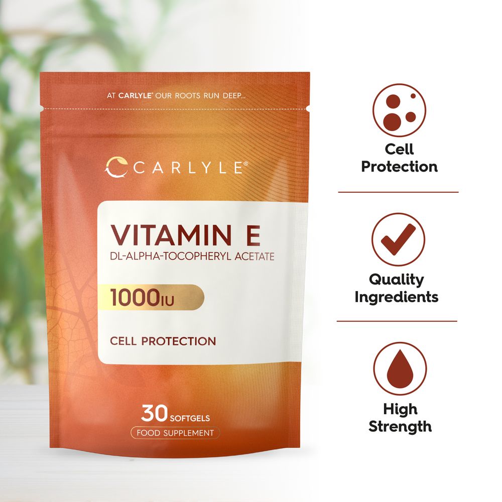 Bottle of 30 softgels of Vitamin E DL-Alpha-Tocopheryl Acetate, each providing 1000IU.