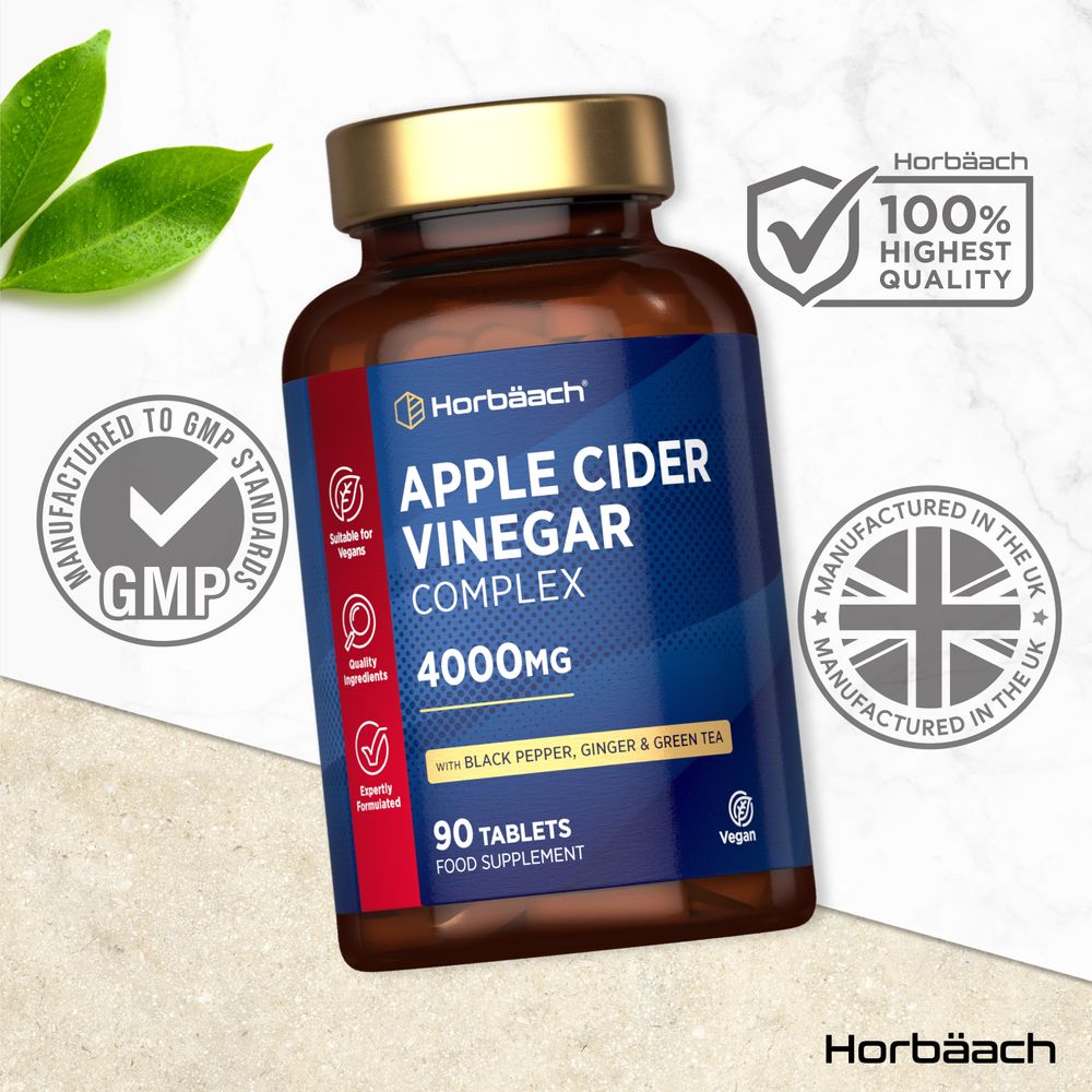90 Horbäach Apple Cider Vinegar Complex 4000mg vegan tablets held in hand, highlighting the size and scale of the product.