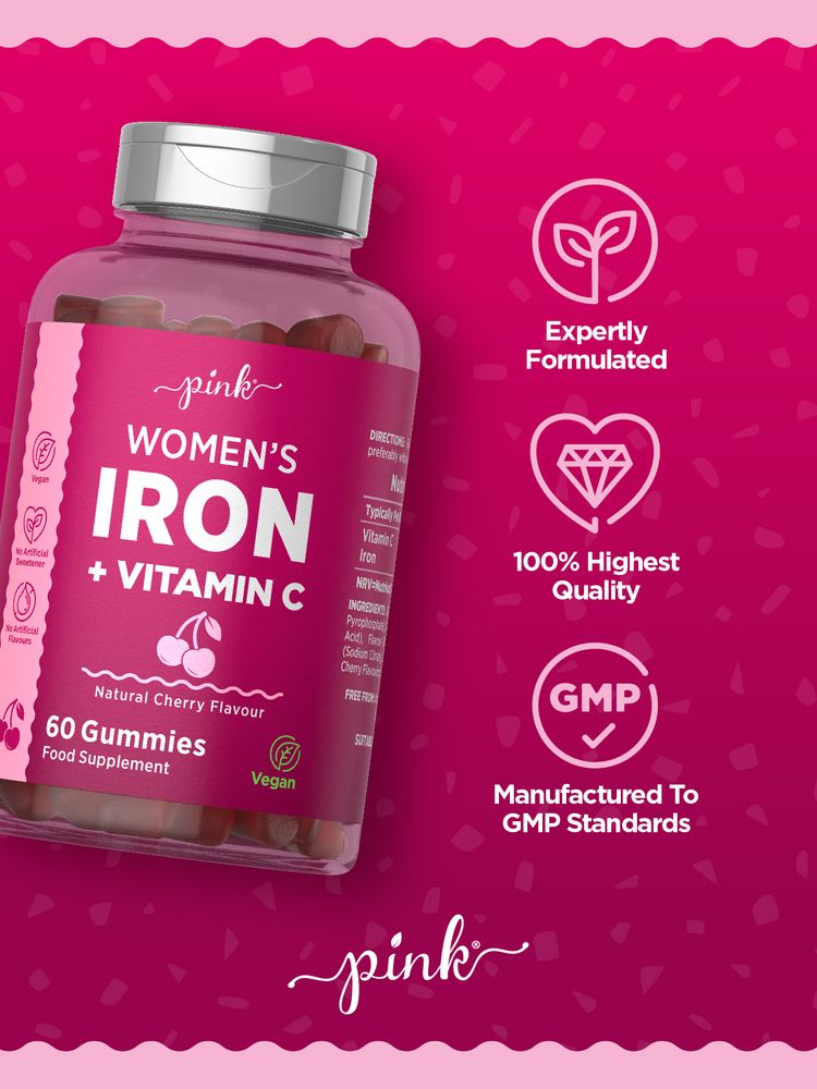 Woman's Iron plus Vitamin C gummies, 60 count, with natural cherry flavor, on a hand scale. Complete dietary supplement for wellness.
