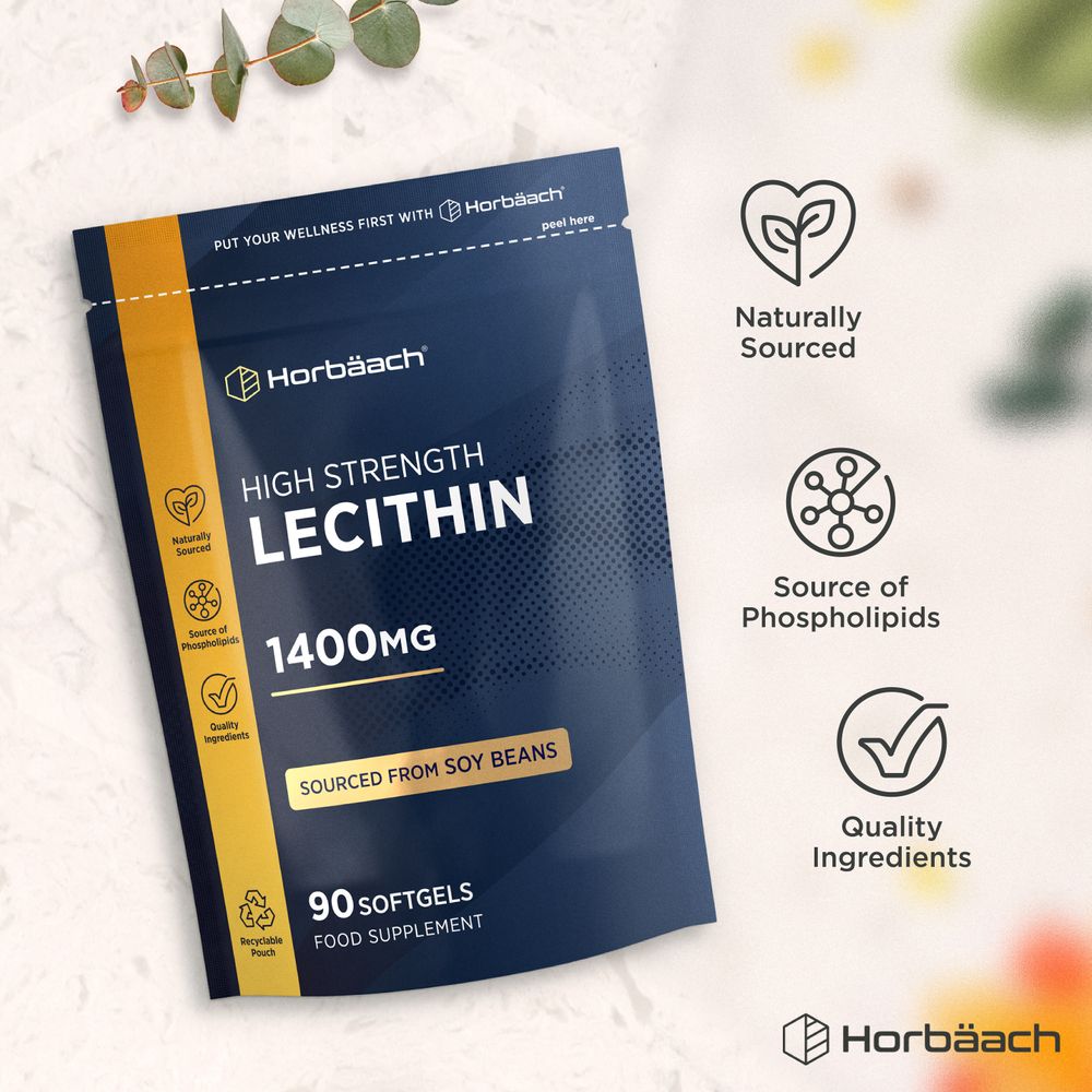 A bottle of High Strength Lecithin 1400mg containing 90 softgel capsules shown for scale in a person's hand.