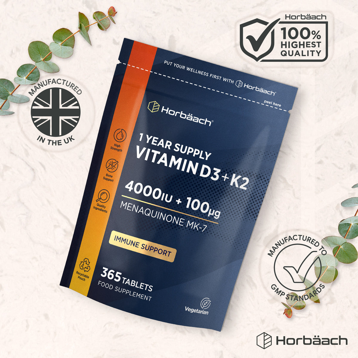 Horbäach Vitamin D3 4000iu & K2 100µg MK-7, 365 Vegetarian Tablets in a food supplement pouch.