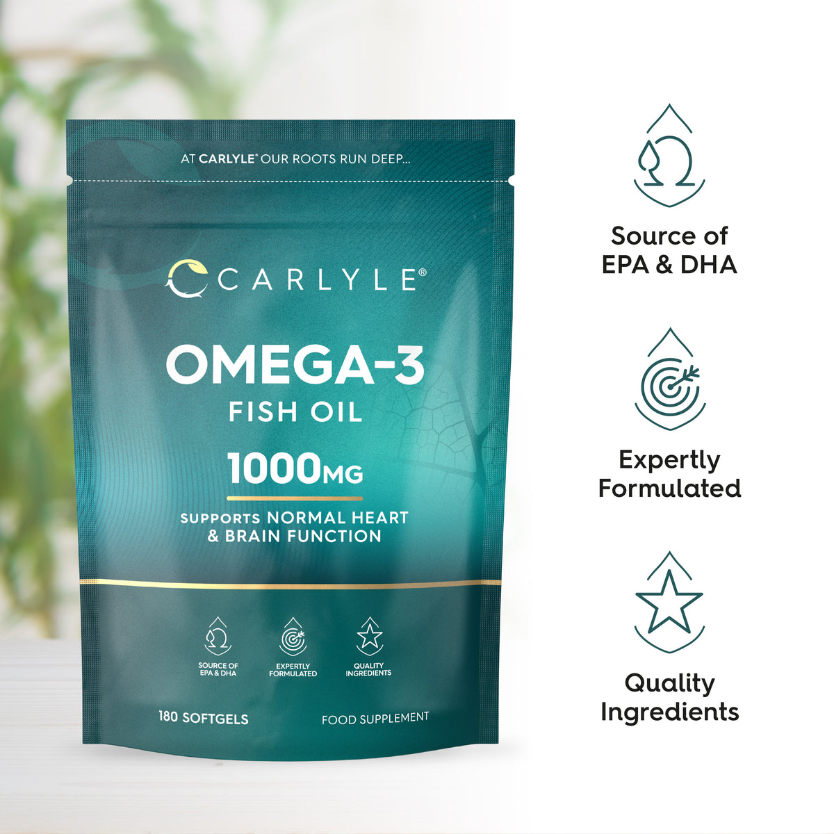 Carlyle Omega-3 Fish Oil 1000mg bottle with 180 softgels.