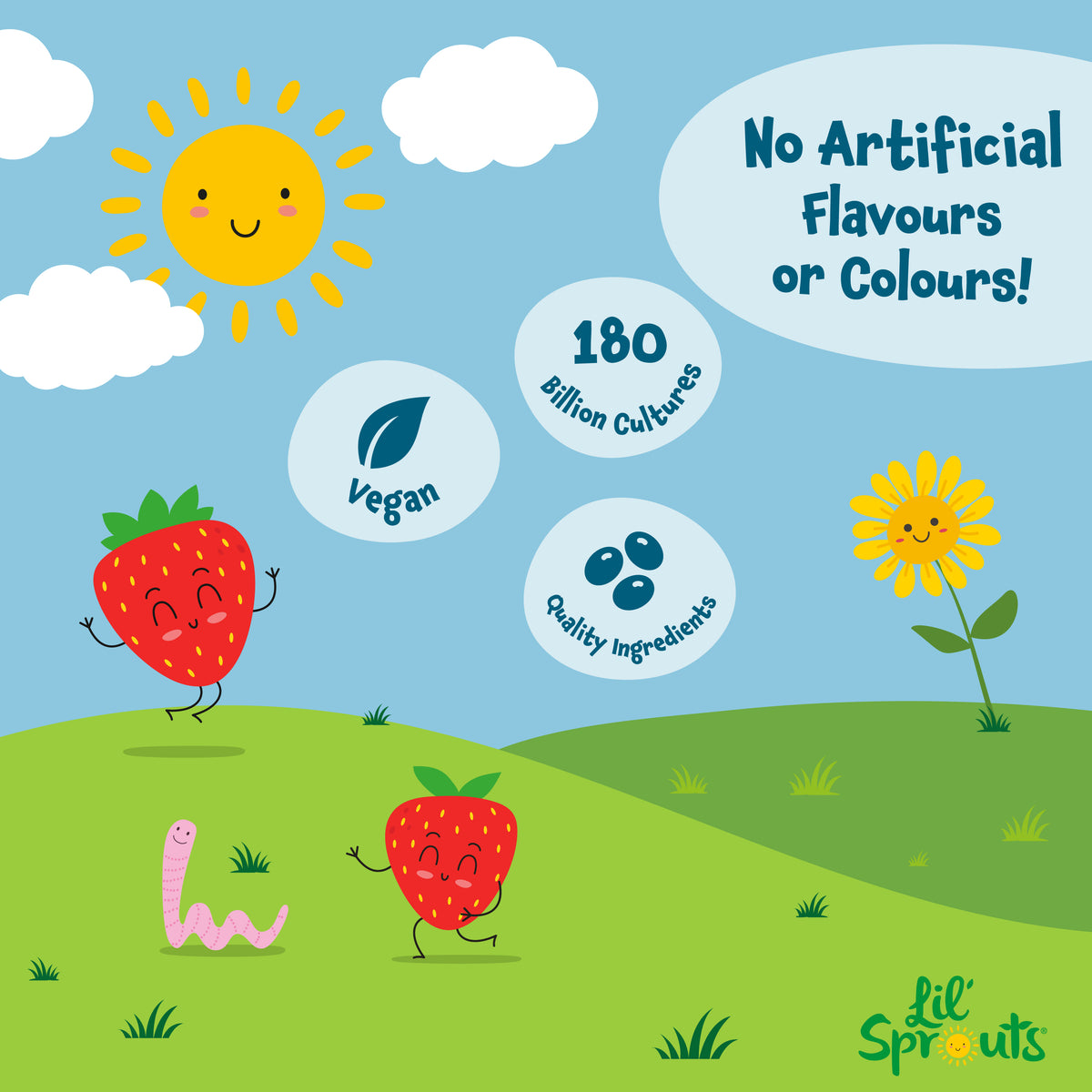 Product highlights graphic stating Vegan, 180 Billion Cultures, Quality Ingredients, No Artificial Flavours or Colours.