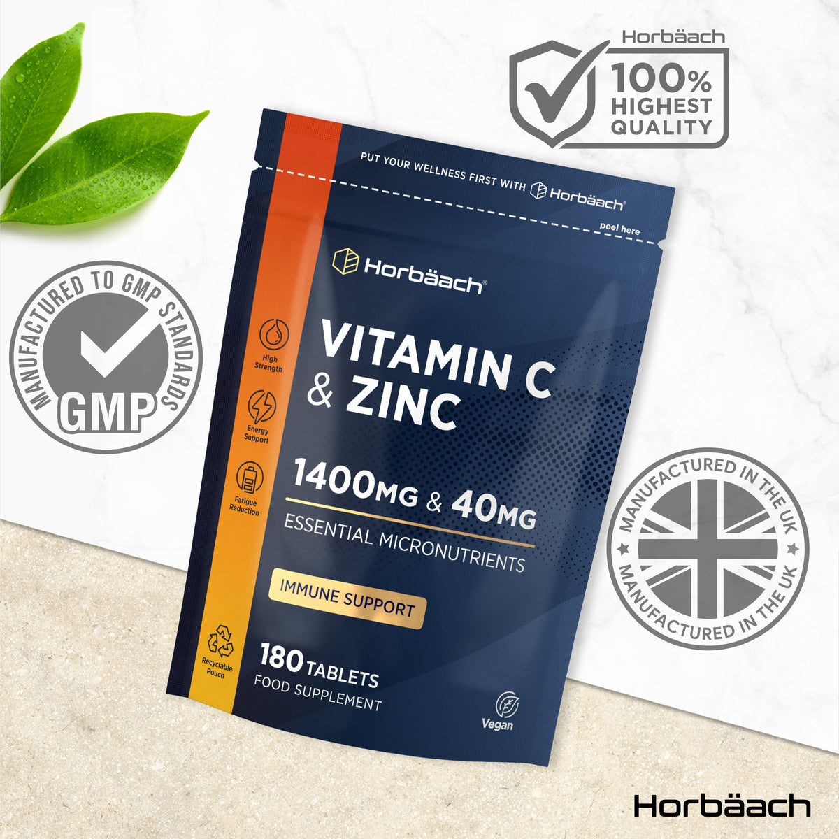 Vitamin C 1400mg and Zinc 40mg, 180 vegan tablets in a recyclable pouch as a food supplement.