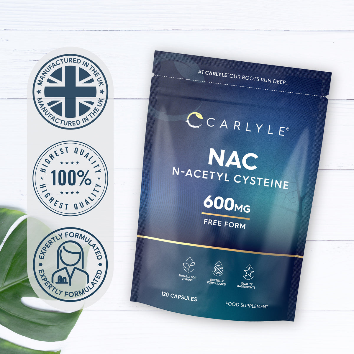 Carlyle NAC N-Acetyl Cysteine 600mg Free Form dietary supplement with 120 capsules.