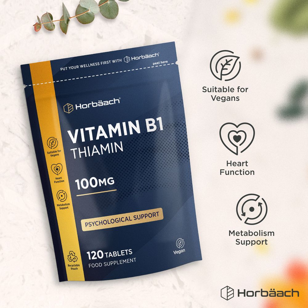 Vegan Vitamin B1 Thiamin tablets, 100mg, in a 120-count bottle shown on a hand scale, suitable for bulk purchasing.