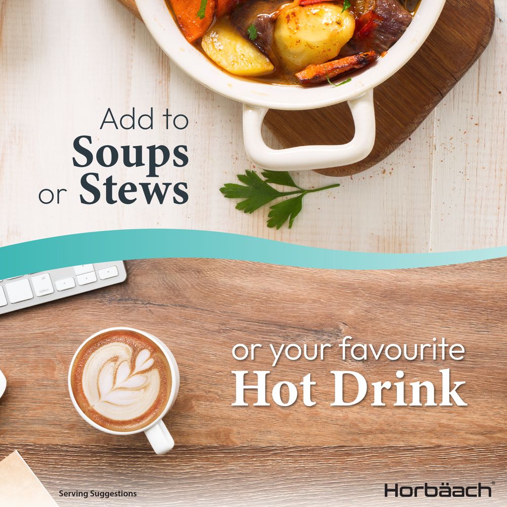 Serving suggestions: A bowl of stew and a coffee cup with text 'Add to Soups or Stews or your favourite Hot Drink'.