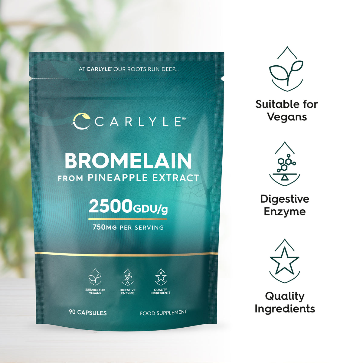 Bromelain supplement from pineapple extract, 2500 GDU/g, 750mg per serving, 90 capsules.
