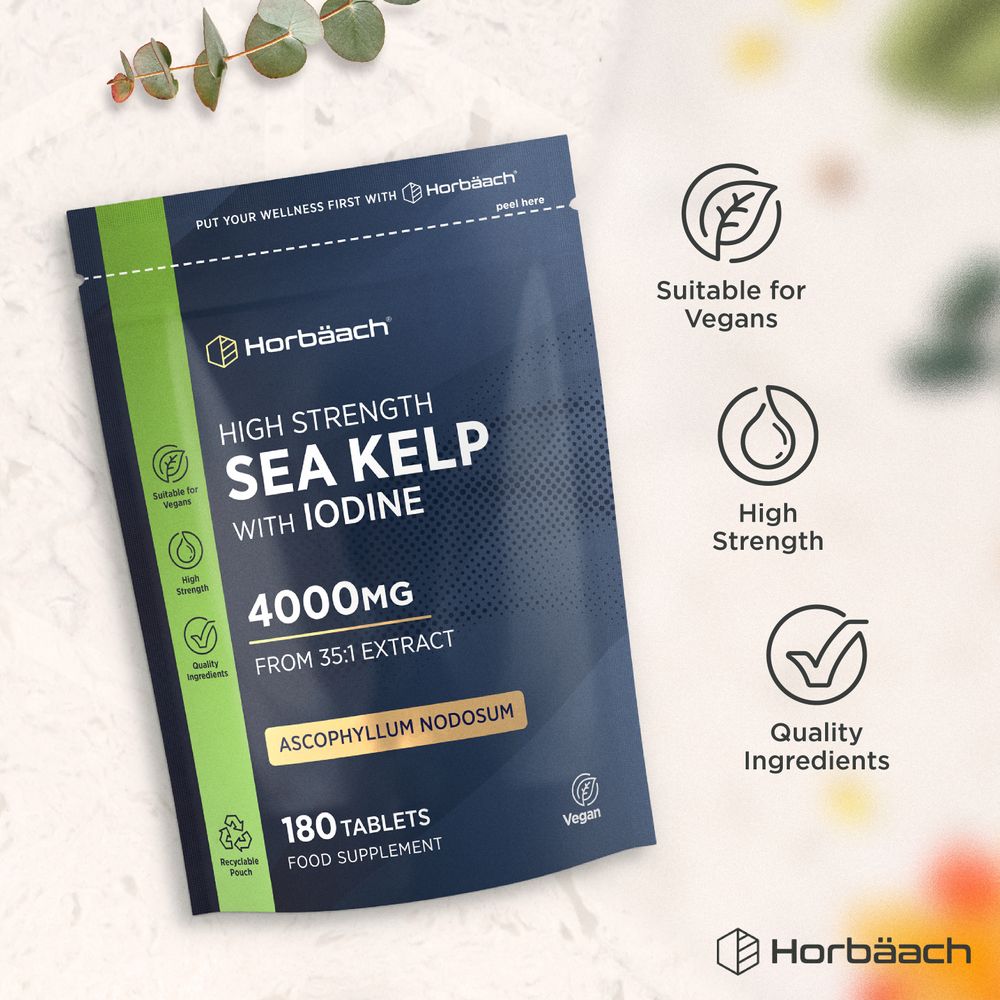 High Strength Sea Kelp with Iodine 4000mg, 35:1 extract Ascophyllum Nodosum, 180 Vegan Tablets in a recyclable pouch.