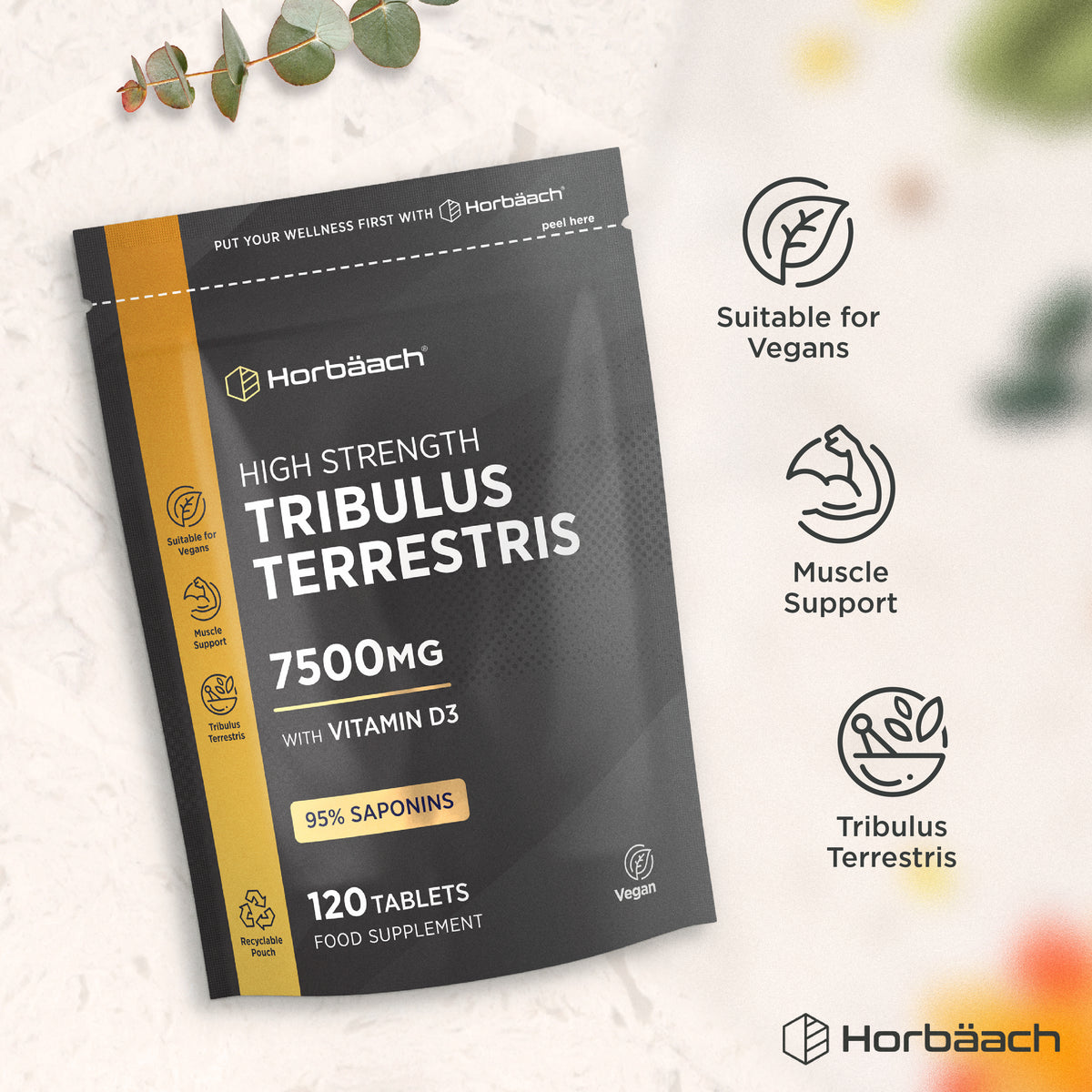 Horbäach Tribulus Terrestris 7500MG with Vitamin D3, 95% Saponins, 120 Vegan Tablets food supplement pouch.