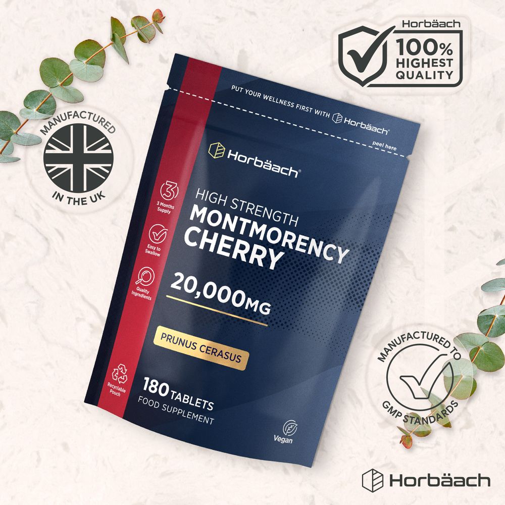 High Strength Montmorency Cherry supplement, 20,000mg Prunus Cerasus, 180 vegan tablets in a recyclable pouch.