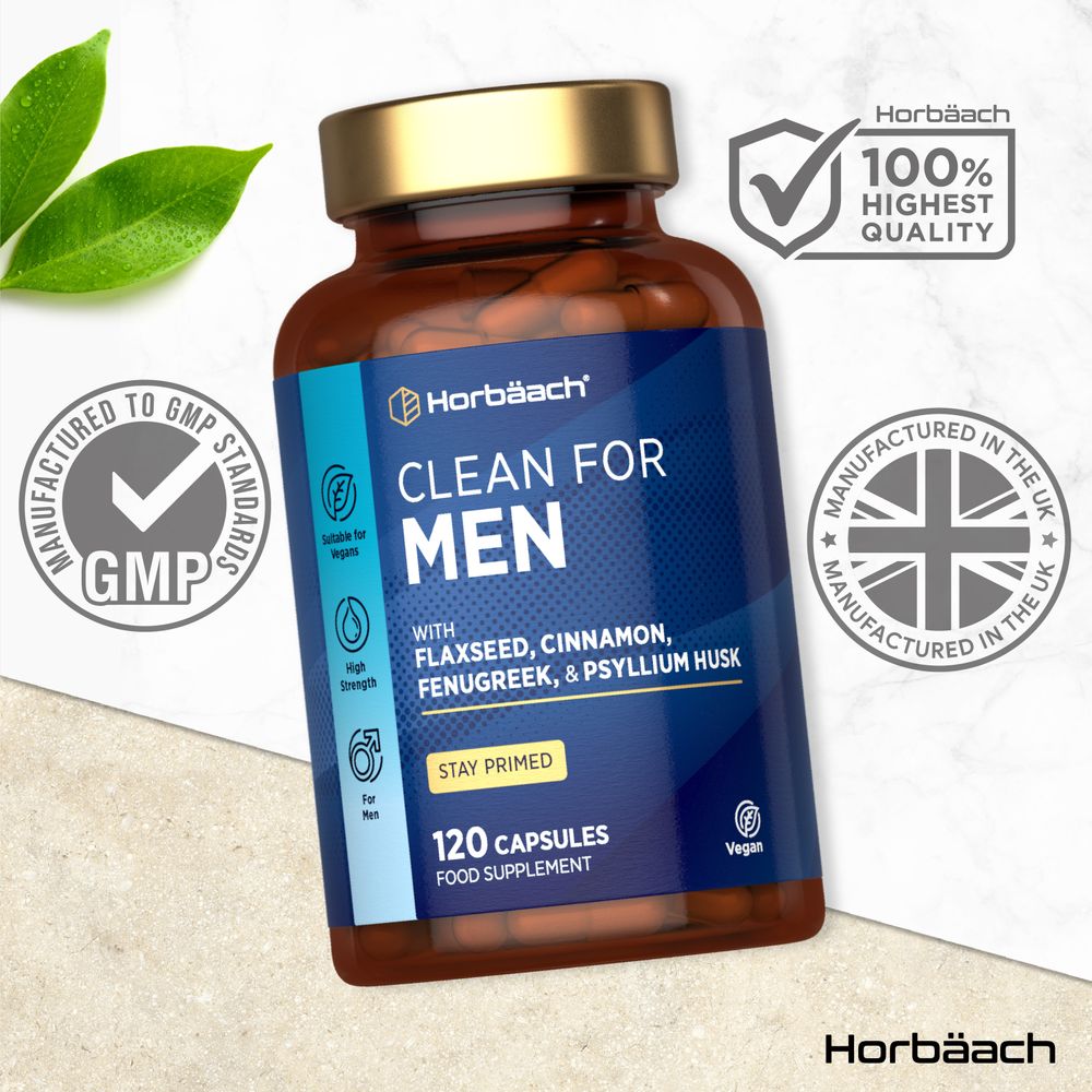 120 capsules of Horbäach Clean for Men, a supplement with flaxseed, cinnamon, fenugreek, and psyllium husk.