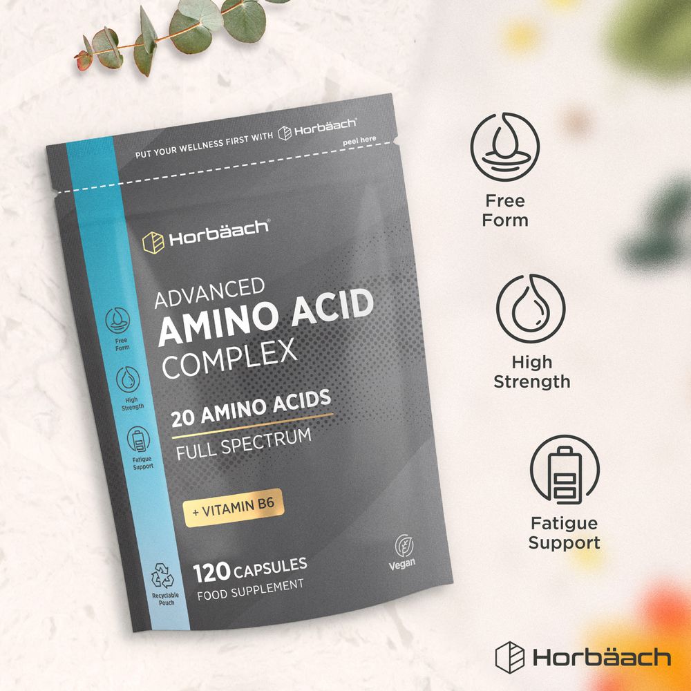 Grey pouch containing 120 vegan capsules of Advanced Amino Acid Complex.
