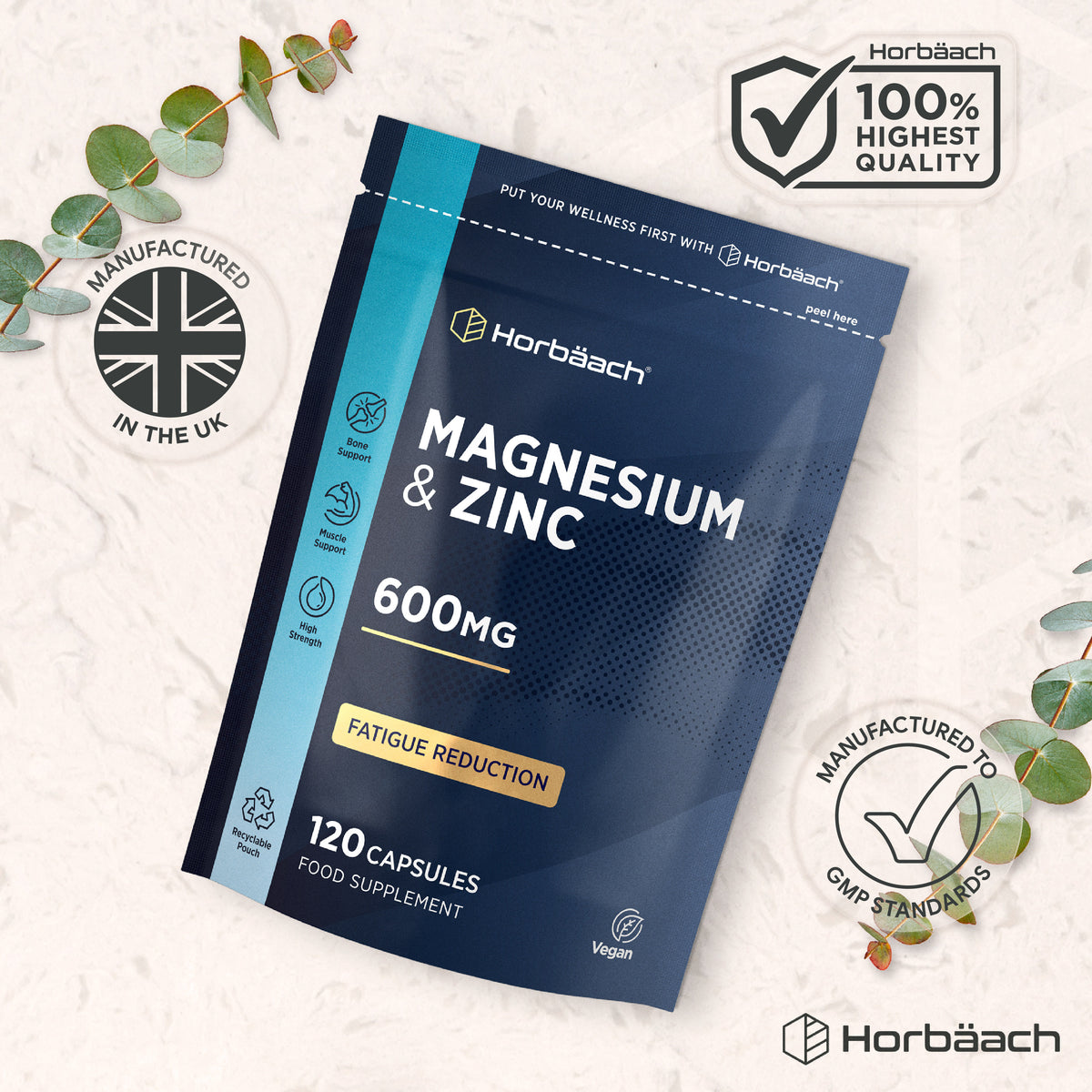 Vegan food supplement pouch with Magnesium & Zinc, 600mg, 120 capsules.