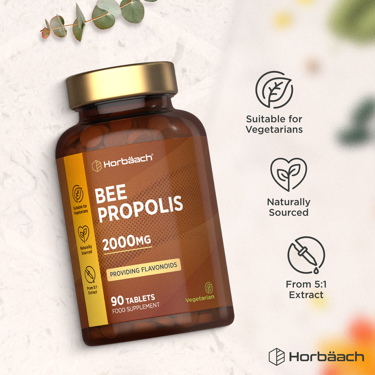 Horbäach Bee Propolis 2000mg supplement provides flavonoids, contains 90 vegetarian tablets.