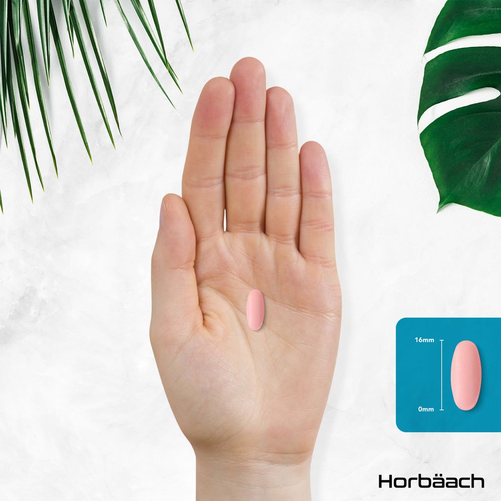 Pink oval tablet in a hand, illustrated as 16mm long and 0mm wide. Horbäach branding visible.