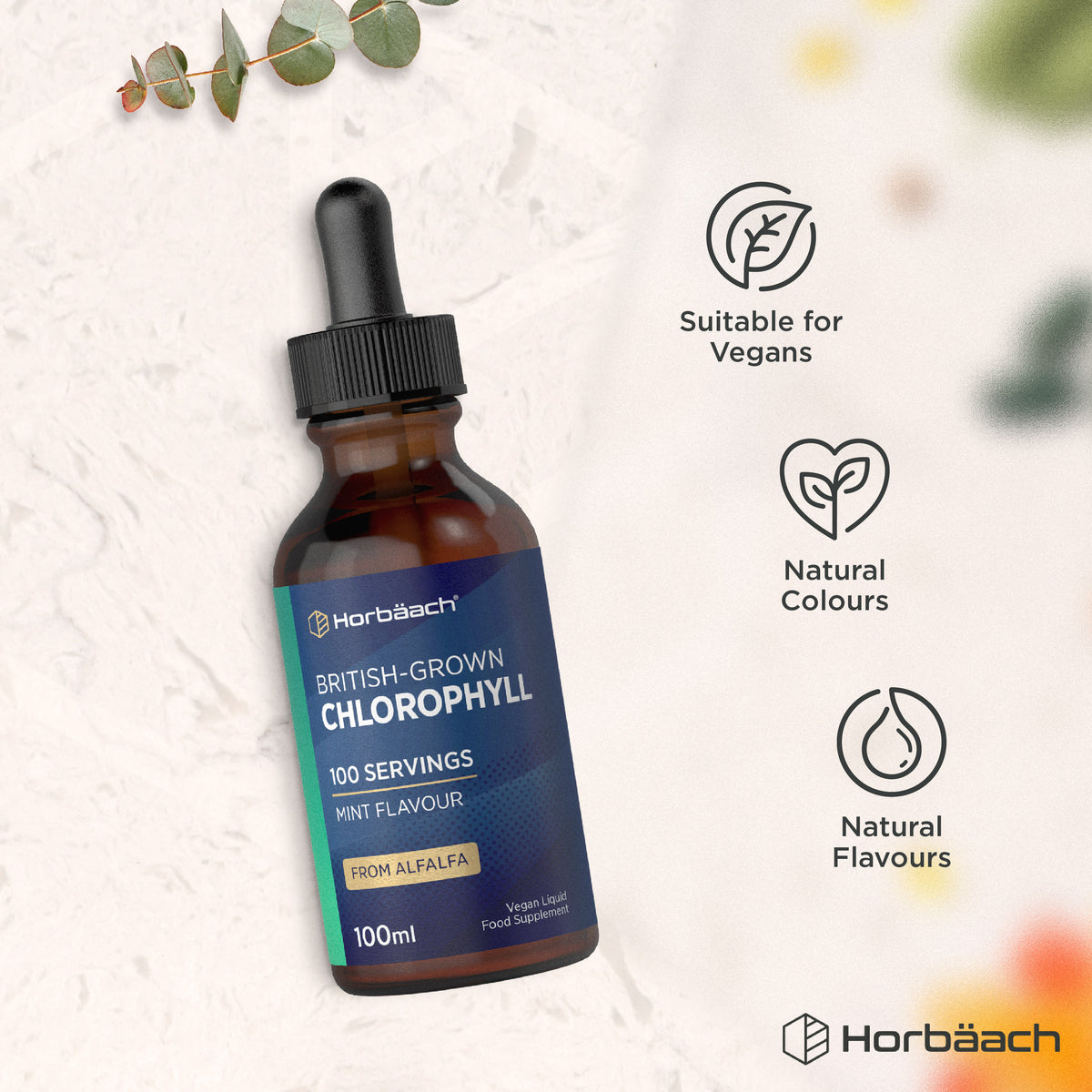 Liquid Chlorophyll bottle with icons indicating it is suitable for vegans, has natural colors, and natural flavors.