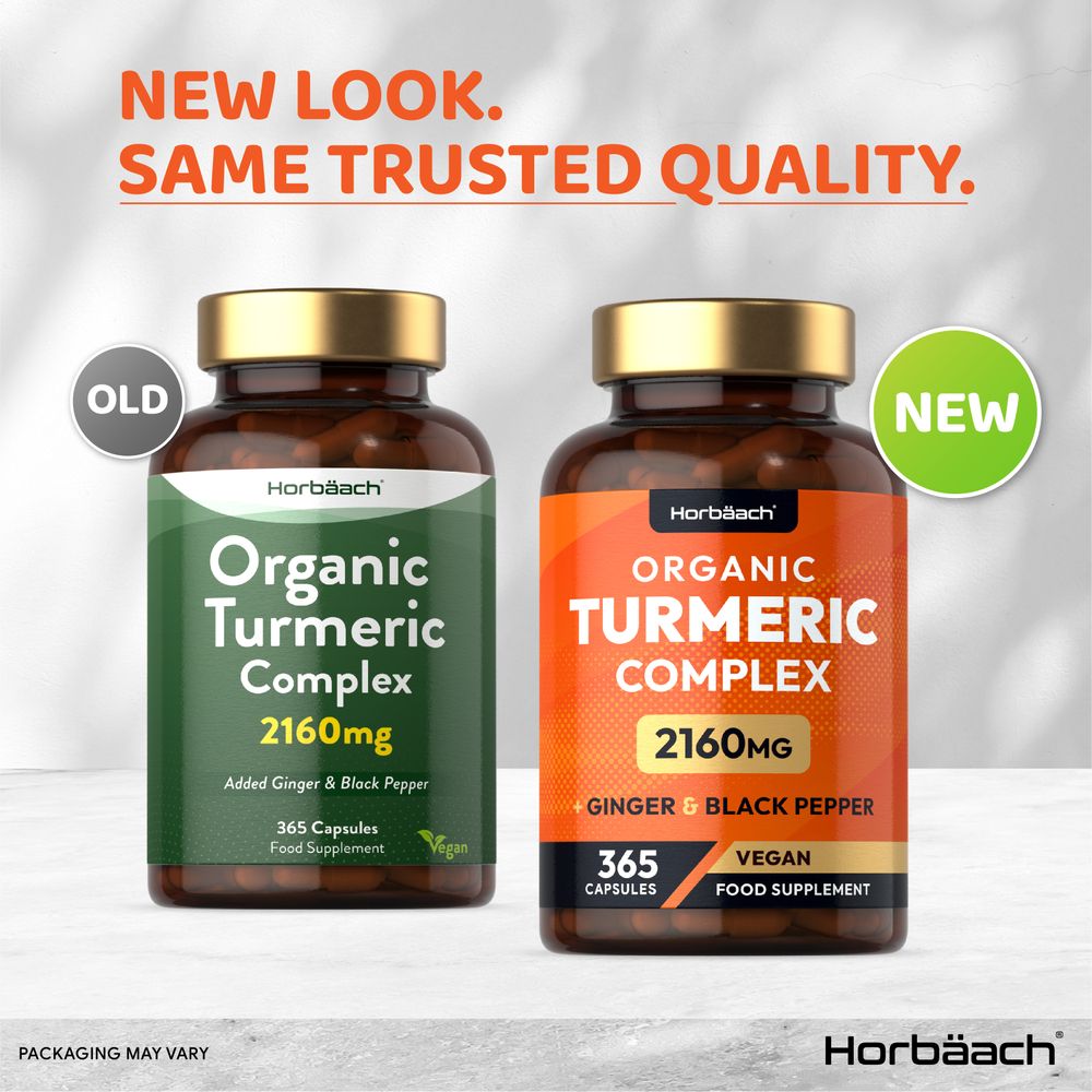 365 Vegan Capsules: Organic Turmeric Complex shown in both old and new bottle designs.