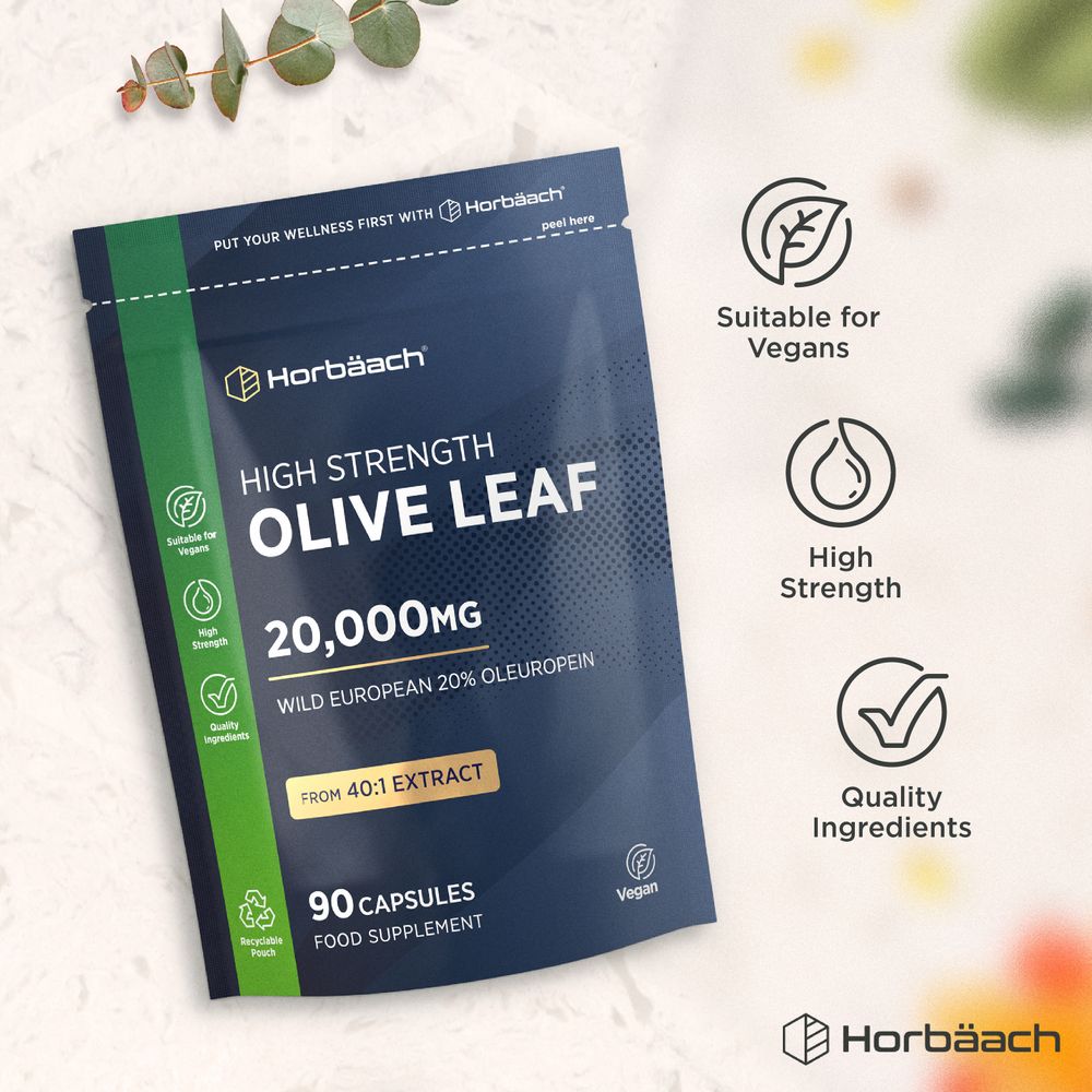 Hand holding a bottle of High Strength Olive Leaf capsules, 20,000mg, with 90 capsules per bottle.