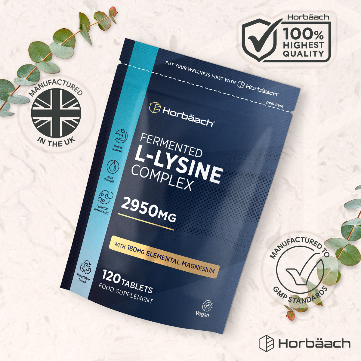 Fermented L-Lysine Complex 2950MG with 180MG Elemental Magnesium, 120 vegan tablets in a food supplement pouch.