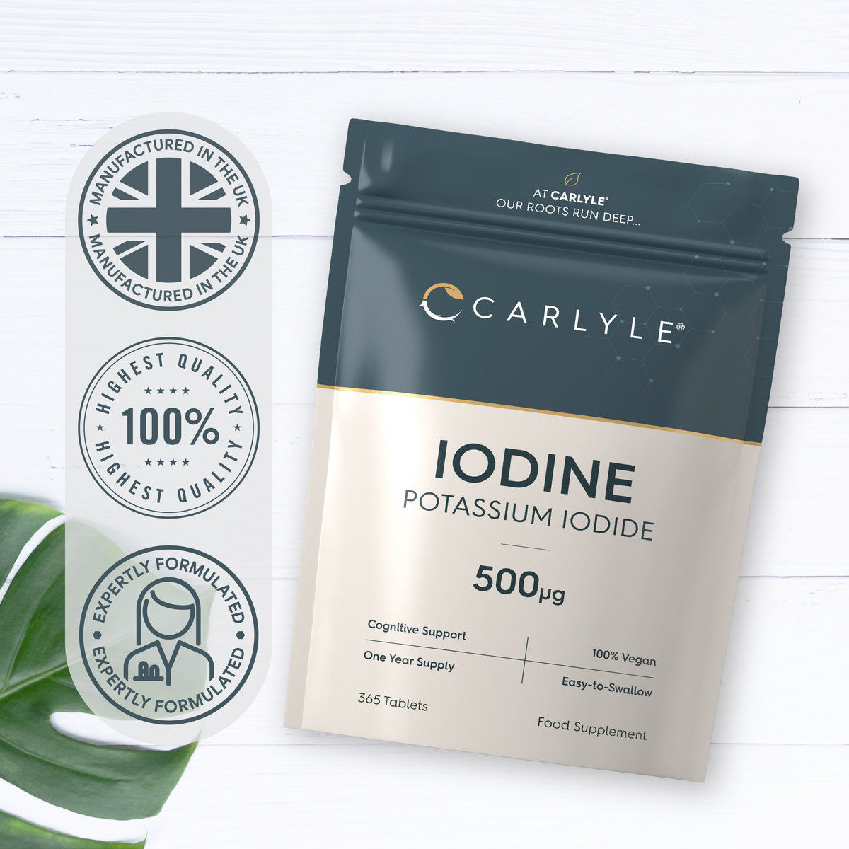 Carlyle Iodine Potassium Iodide 500µg, 365 Vegan Tablets. A one-year supply supplement for cognitive support.