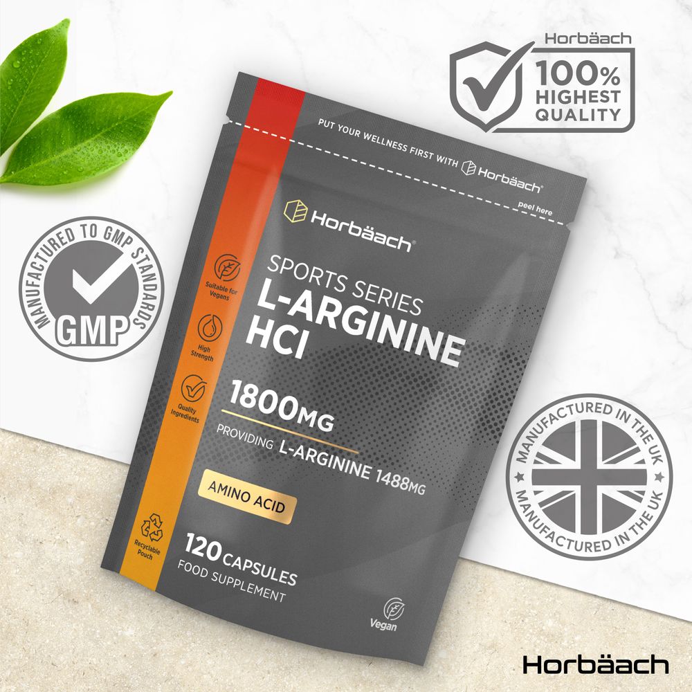 Horbäach Sports Series L-Arginine HCl 1800mg, 120 capsules, food supplement pouch on hand for scale.