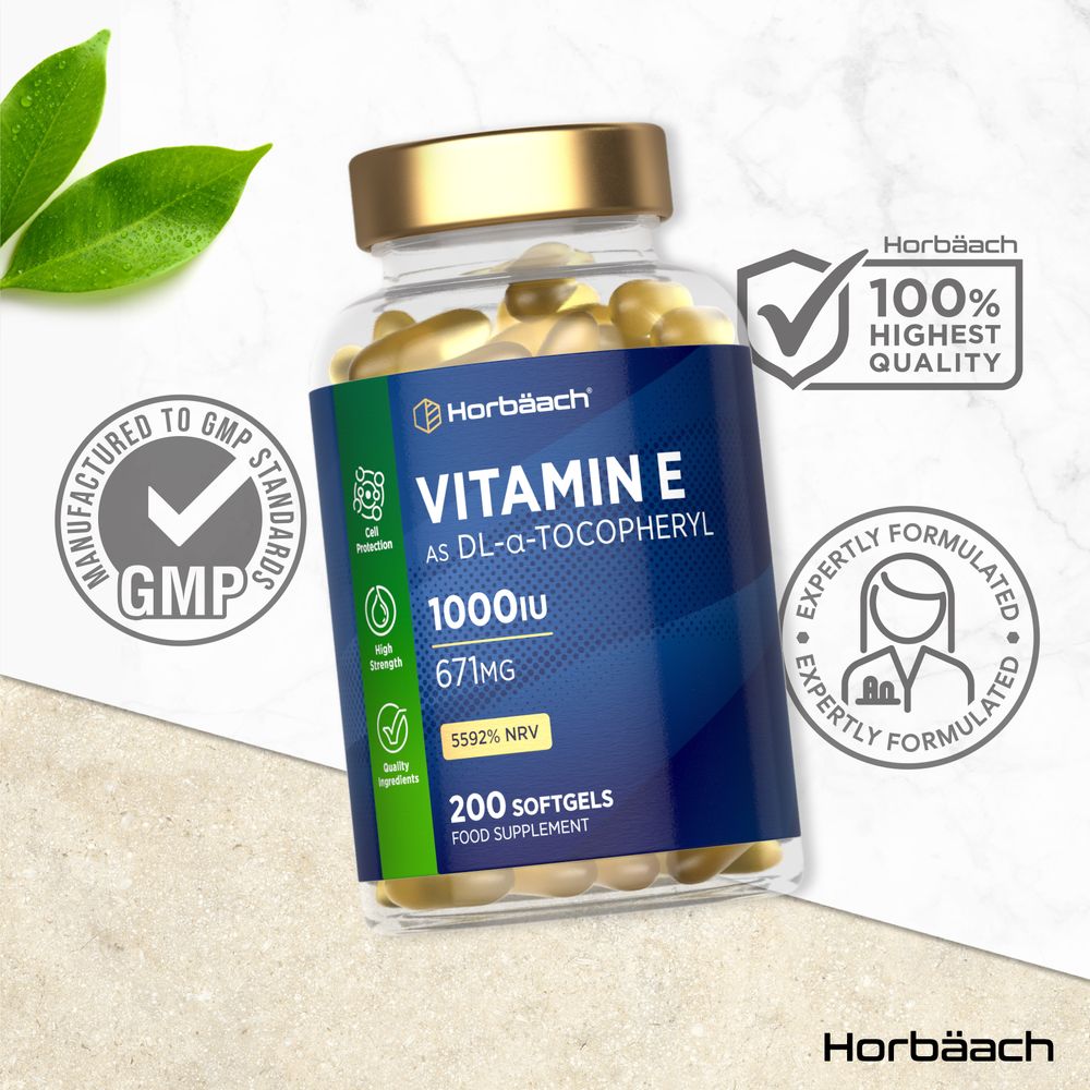 Bottle of Vitamin E 1000IU 671MG containing 200 softgels on a scale.