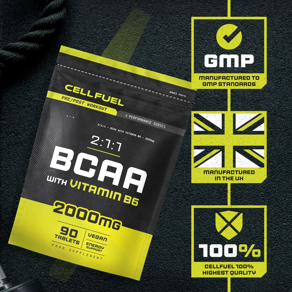 A hand holds a bulk scale with 90 vegan tablets, each containing 2000mg BCAA and Vitamin B6 for nutritional support.