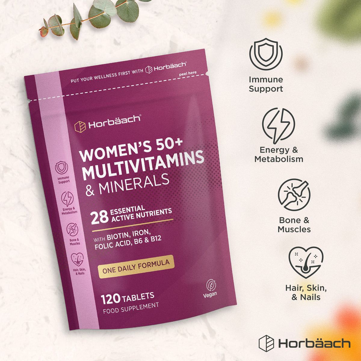 Horbäach Women's 50+ Multivitamins and Minerals pouch with 120 tablets food supplement.