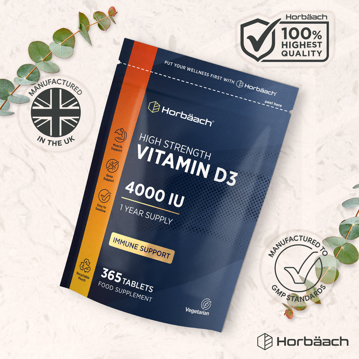 High Strength Vitamin D3 4000 IU in 365 Vegetarian Tablets pouch, supporting muscle, bone, and immune health.