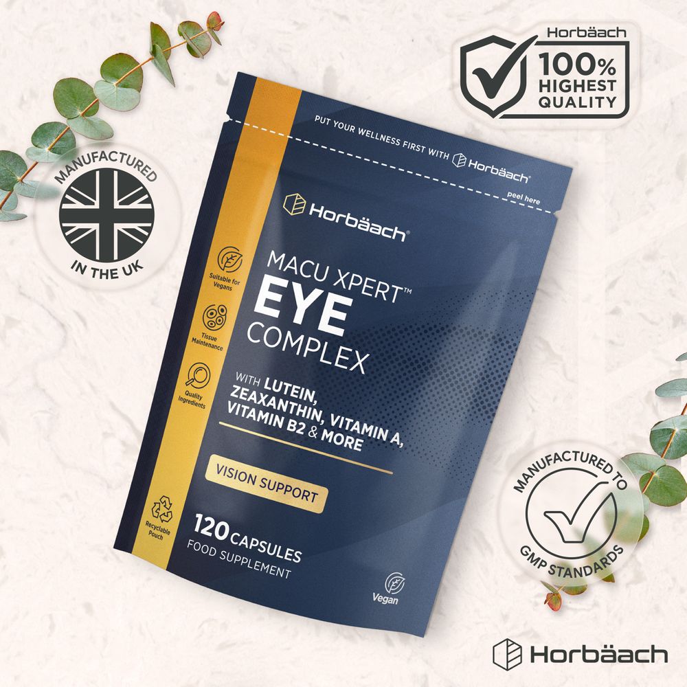 120 Vegan Capsules of Horbäach Macu Xpert Eye Complex on a hand scale, highlighting product size and quantity.