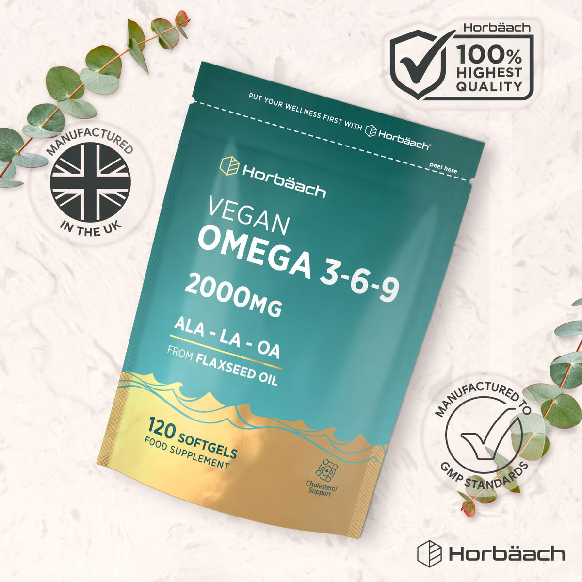 Vegan Omega 3-6-9 supplement with 2000mg from Flaxseed Oil, containing 120 softgels.