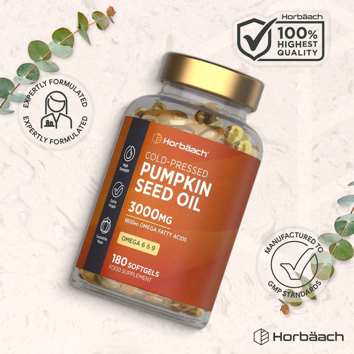 Cold-Pressed Pumpkin Seed Oil 3000mg with Omega 6 and 9; 180 softgels as a dietary supplement.