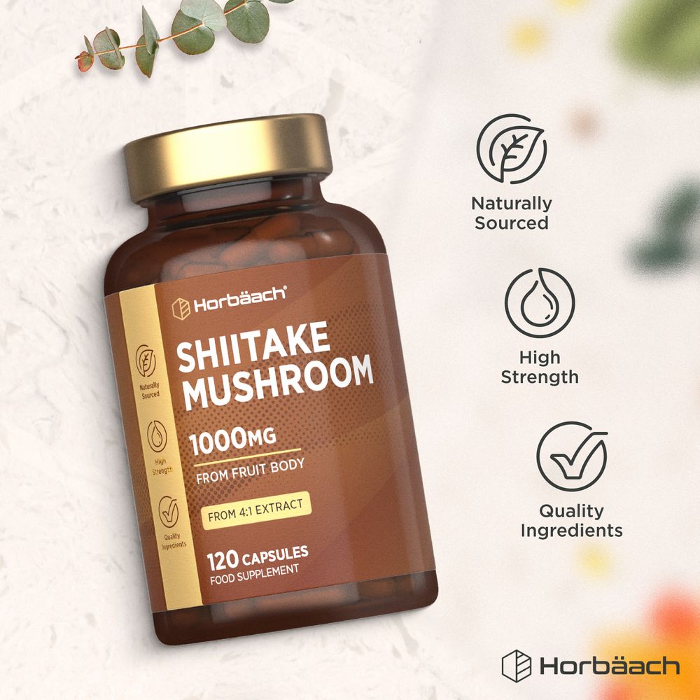 Bottle containing 120 capsules of Shiitake Mushroom 1000mg displayed on a hand scale.
