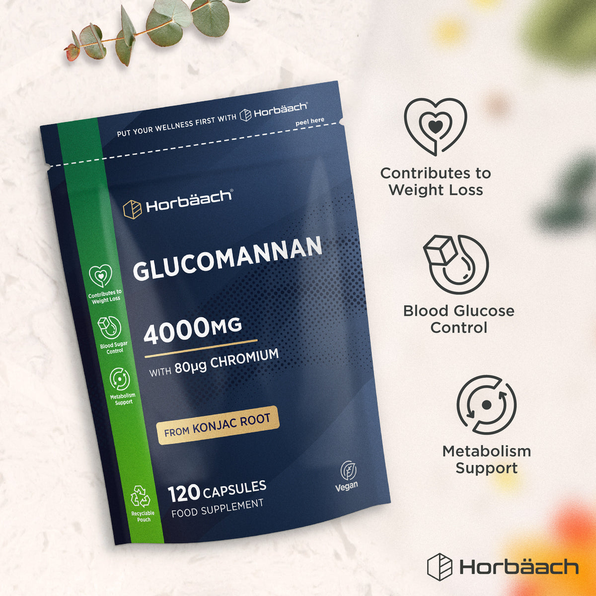 Glucomannan 4000mg with 80µg Chromium from Konjac Root, 120 Vegan Capsules Food Supplement pouch.