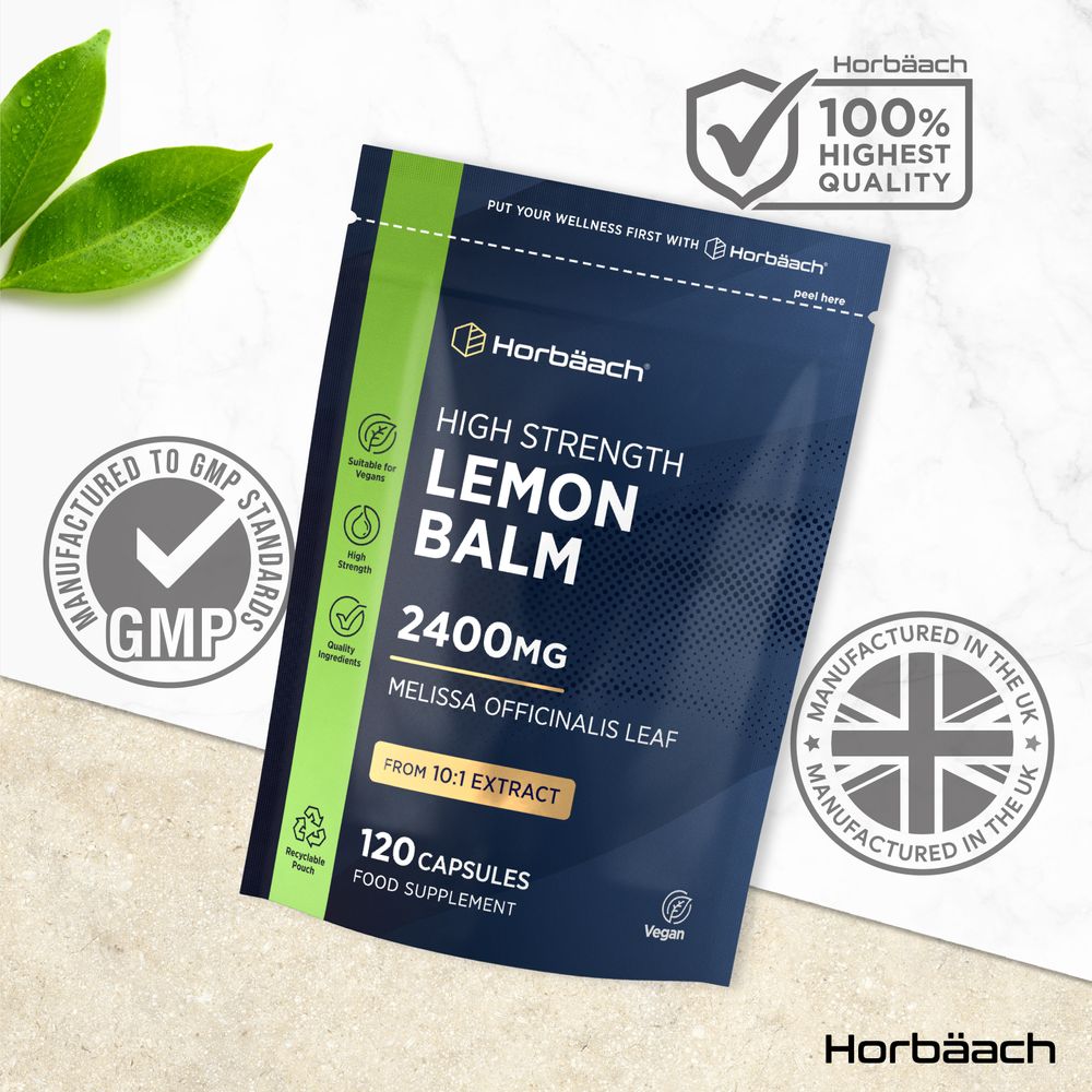2400mg Lemon Balm in a pouch containing 120 capsules with a dark blue design.