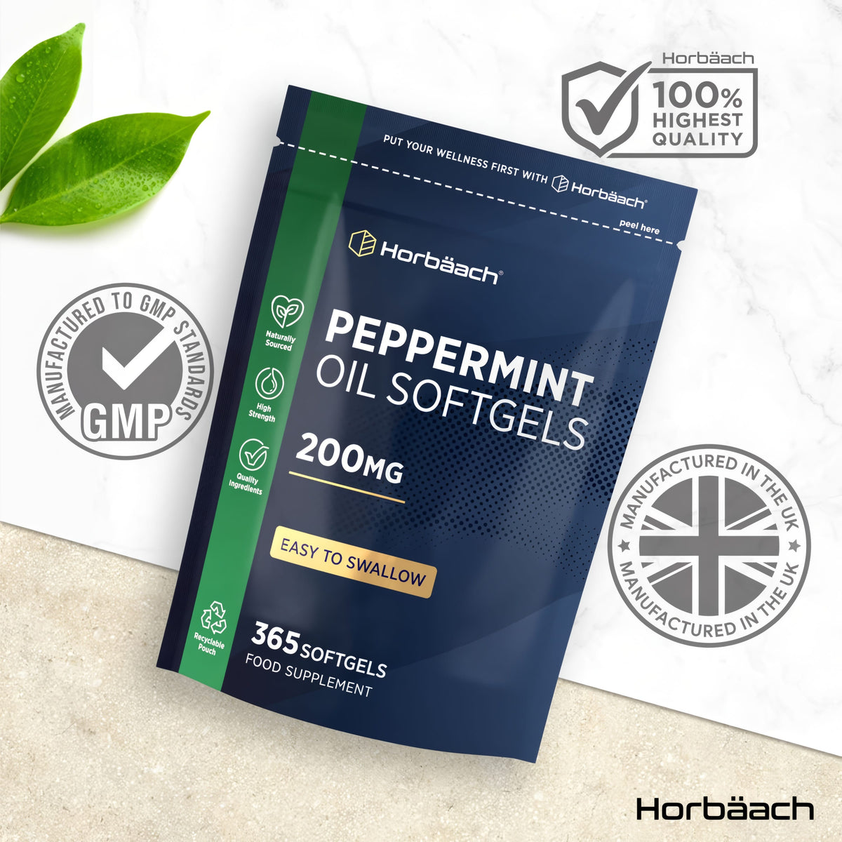Horbäach Peppermint Oil Softgels, 200mg, 365 count, are a dietary supplement designed for wellness support.