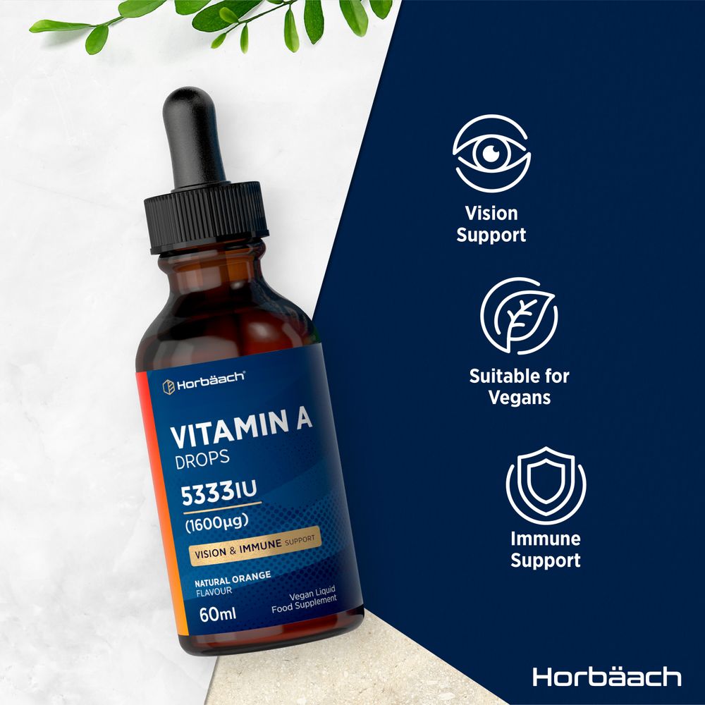 Horbäach Vitamin A Drops 5333IU (1600µg) 60ml bottle, Natural Orange Flavour, Vegan Food Supplement.
