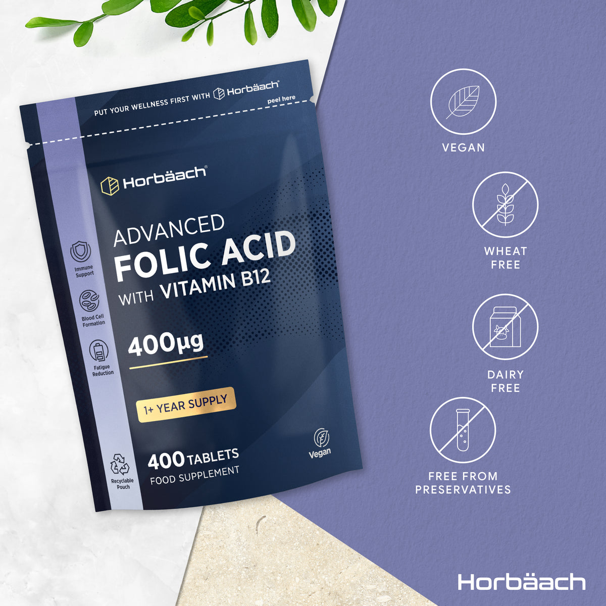 Folic Acid & B12 pouch labeled as vegan, wheat-free, dairy-free, and free from preservatives.
