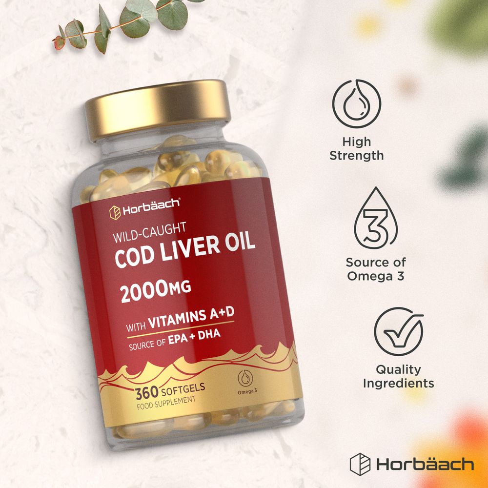 Wild-Caught Cod Liver Oil 2000mg bottle with 360 softgels, containing Vitamins A+D and a source of EPA and DHA.