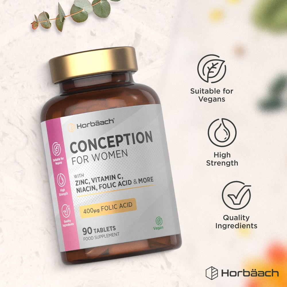 Conception for Women formula with 400µg folic acid, 90 vegan tablets shown on a hand for size reference.
