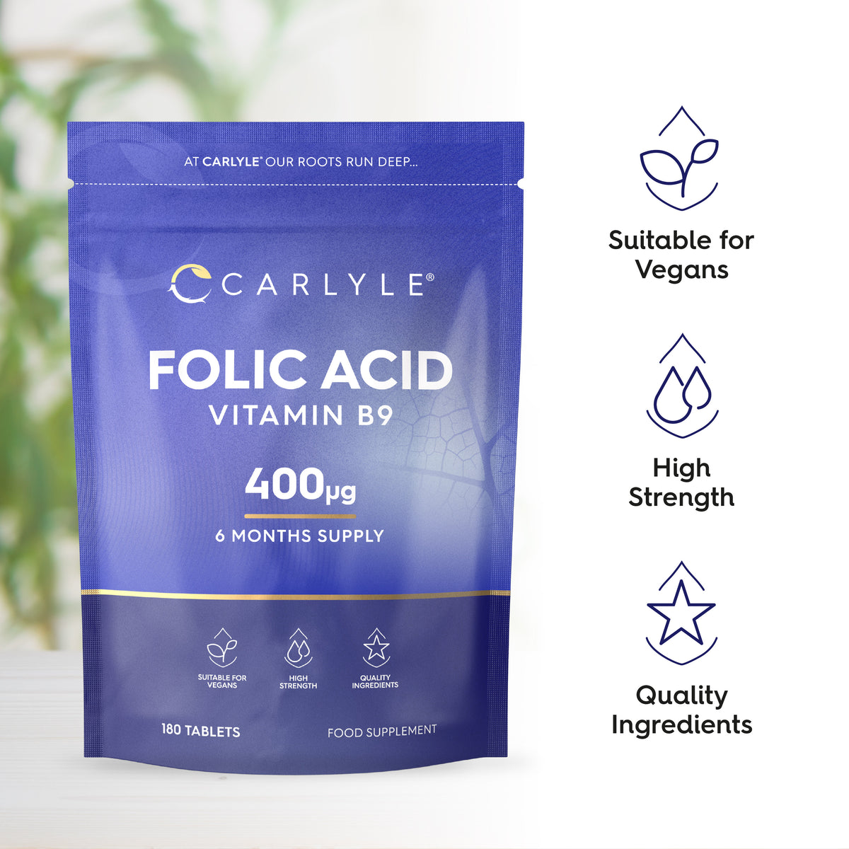 Folic Acid Vitamin B9 400µg, 180 tablets for a 6-month supply as a food supplement.