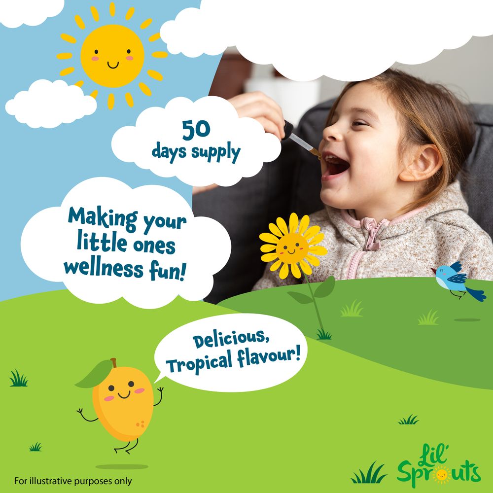 Child receiving Lil' Sprouts Iron Liquid from a dropper. Text: '50 days supply', 'Delicious, Tropical flavour!'