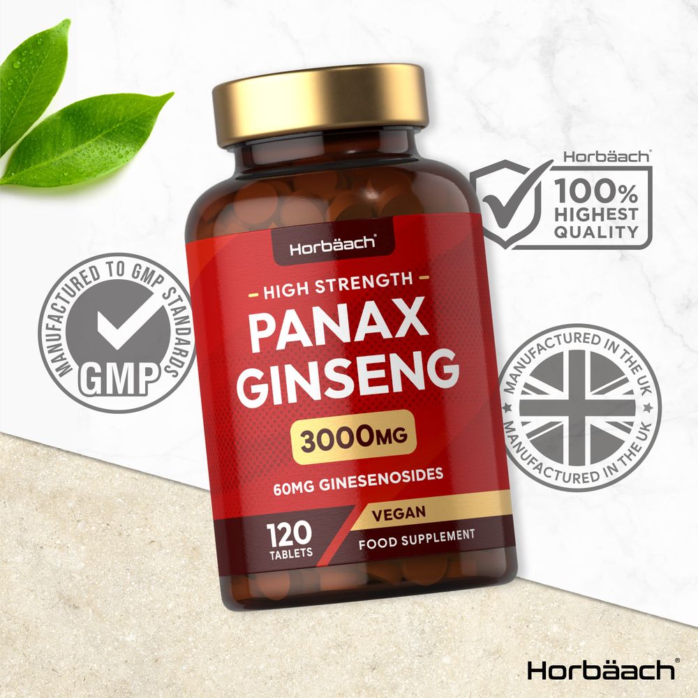 A bottle of Panax Ginseng 3000mg with 120 vegan tablets shown on a hand scale.