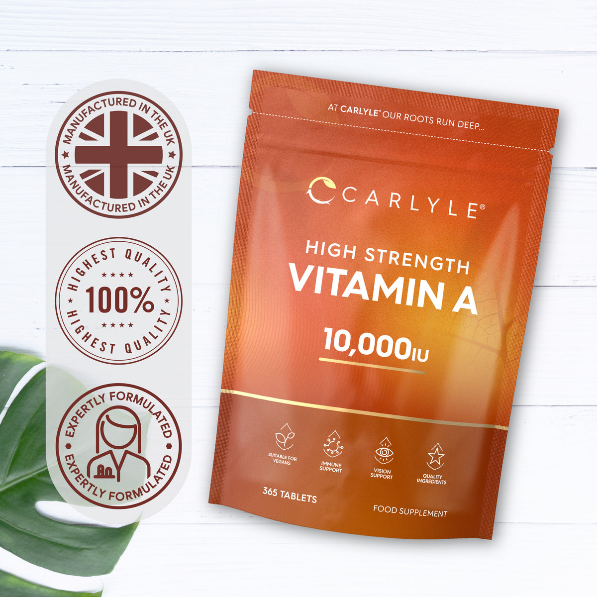 Carlyle High Strength Vitamin A 10,000IU, 365 Vegan Tablets, shown in food supplement pouch.