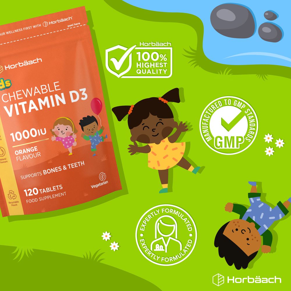 A hand holding a bottle of HU Vitamin D3, featuring 120 chewable tablets designed for kids.
