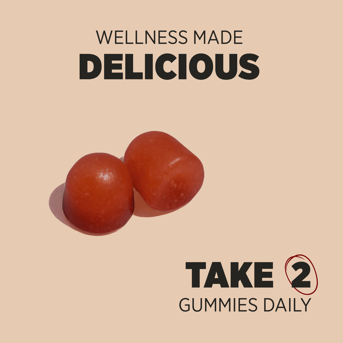 HU Adult Multivitamin vegan gummies, two reddish pieces. Text: 'WELLNESS MADE DELICIOUS', 'TAKE 2 GUMMIES DAILY'.