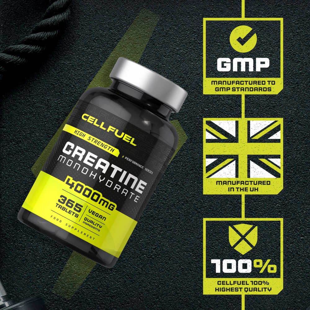 A hand holds a bottle of Creatine Monohydrate with 4000mg, containing 365 vegan tablets.